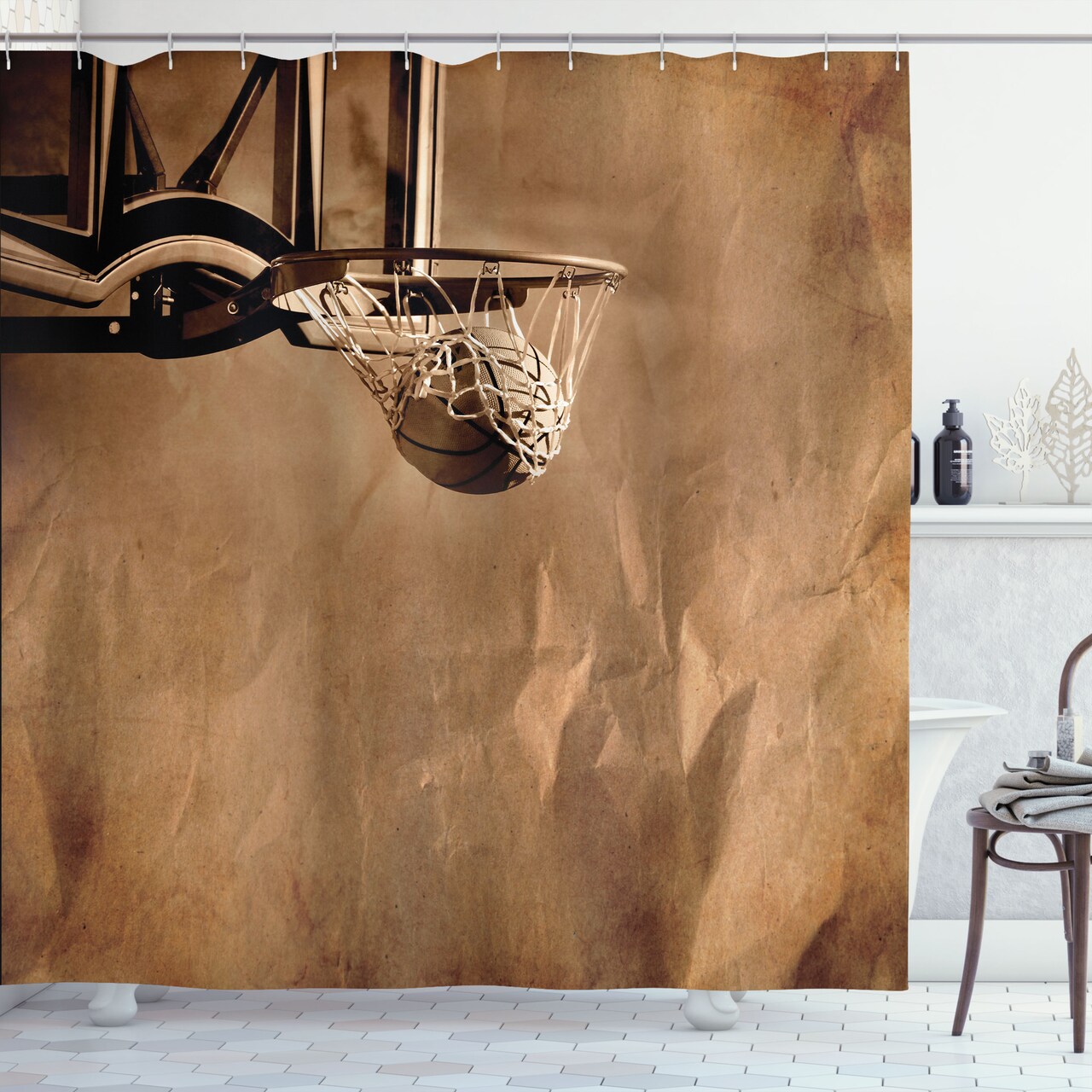 Ambesonne Basketball Shower Curtain, Ball in The Net on Crumpled Paper Style Backdrop Scoring Sports Competition Print, Cloth Fabric Bathroom Decor Set with Hooks, 69" W x 70" L, Sepia